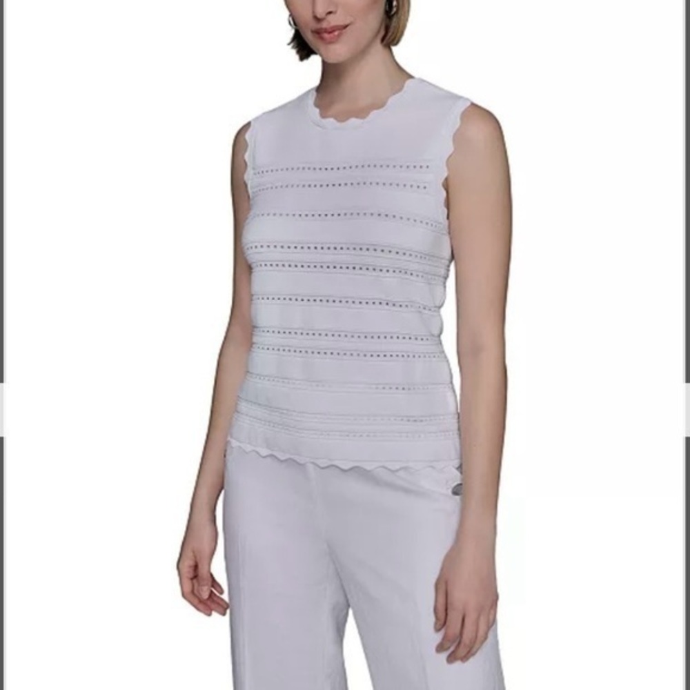 KARL LAGERFELD PARIS Scalloped-Trim Sleeveless Sweater in Soft White Size M